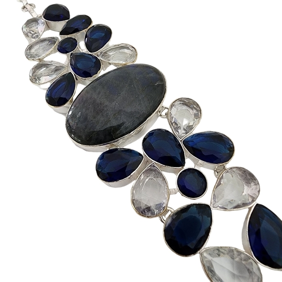 Blue sodalite gemstone bracelet silver + white topaz + blue faceted glass Q04 - Picture 5 of 14